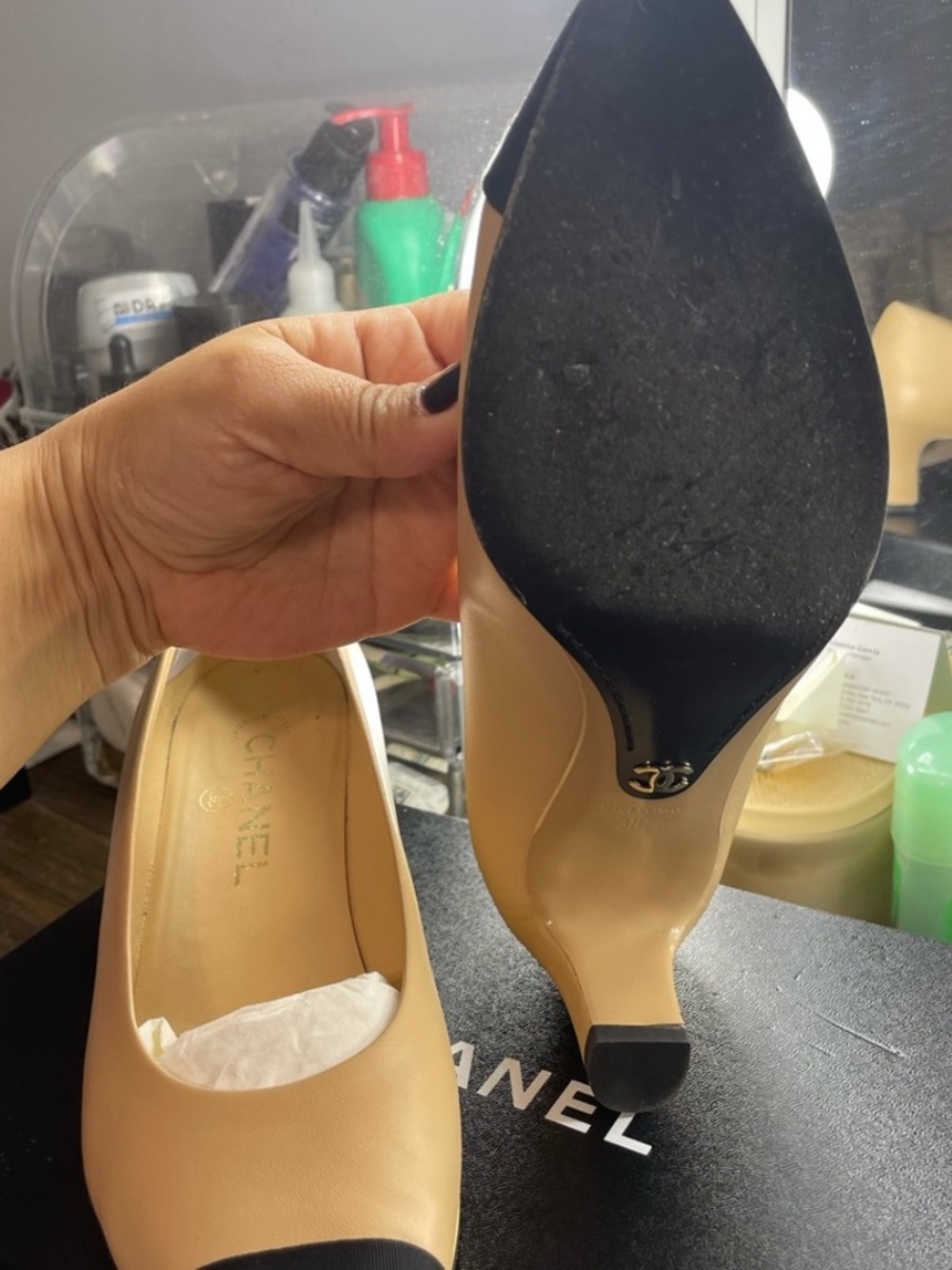 CHANEL Beige and Black Cap-Toe Pointed Pumps - Picture 8 of 10